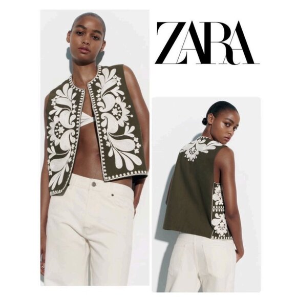 Zara CONTRAST EMBROIDERED VEST Olive Green/White Size M - Picture 2 of 16